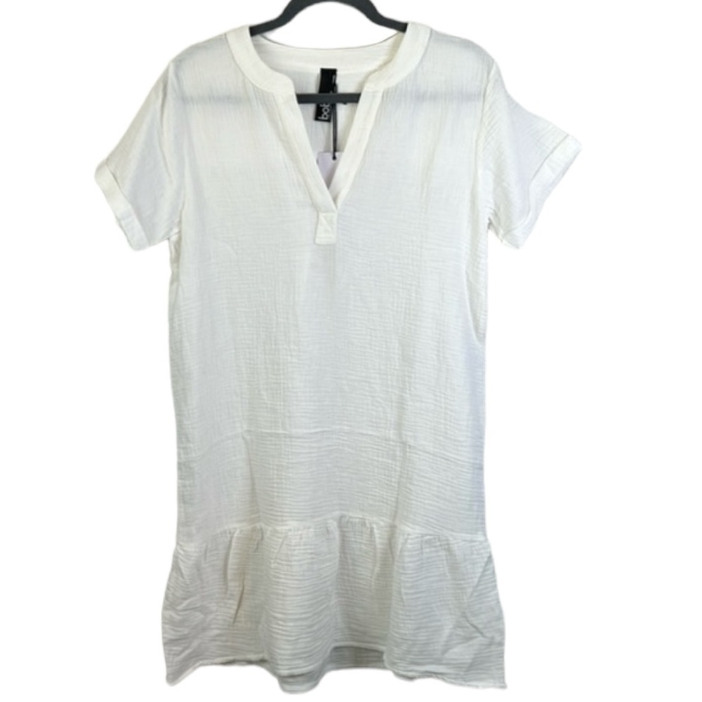 Bobi Split Neck Ruffle Hem Mini Dress In Cream Size M - Picture 3 of 11